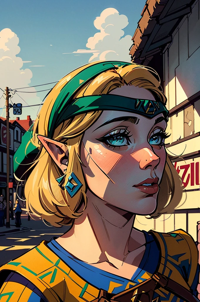 ((beste-Qualit, tmasterpiece)), Summer outfit, ((The Legend of Zelda)), romance, Street sketch, ((Стиль Coles-Phillips)), Detailed Illustration, grotesque, Complicated details, chilling, (aesthetics), excitement, Hyper-realistic, insanely detailed,