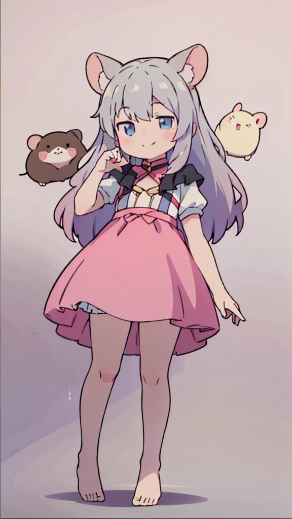 ((masterpiece))((Highest quality))Mouse Ears、girl、smile、blush、Flat Chest、Are thin、、low length、Gray Hair、blush、Are standing、Whole body image、Even your toes are visible、Eye level on face、front、No background、Mouse pose、真frontのアングル、