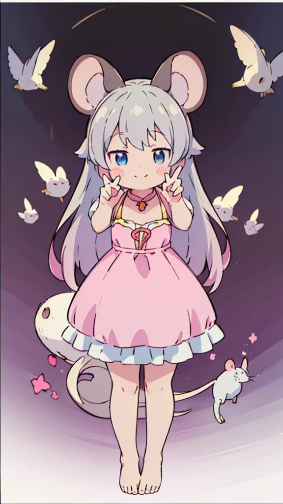 ((masterpiece))((Highest quality))Mouse Ears、girl、smile、blush、Flat Chest、Are thin、、low length、Gray Hair、blush、Are standing、Whole body image、Even your toes are visible、Eye level on face、front、No background、Mouse pose、真frontのアングル、