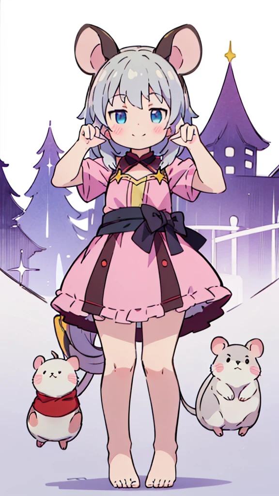 ((masterpiece))((Highest quality))Mouse Ears、girl、smile、blush、Flat Chest、Are thin、、low length、Gray Hair、blush、Are standing、Whole body image、Even your toes are visible、Eye level on face、front、No background、Mouse pose、真frontのアングル、