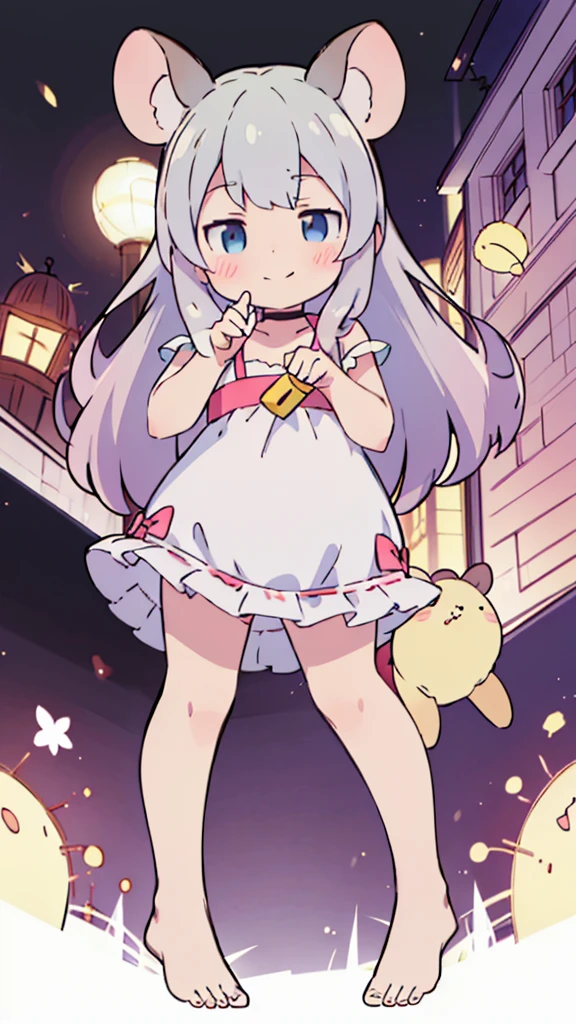((masterpiece))((Highest quality))Mouse Ears、girl、smile、blush、Flat Chest、Are thin、、low length、Gray Hair、blush、Are standing、Whole body image、Even your toes are visible、Eye level on face、front、No background、Mouse pose、真frontのアングル、