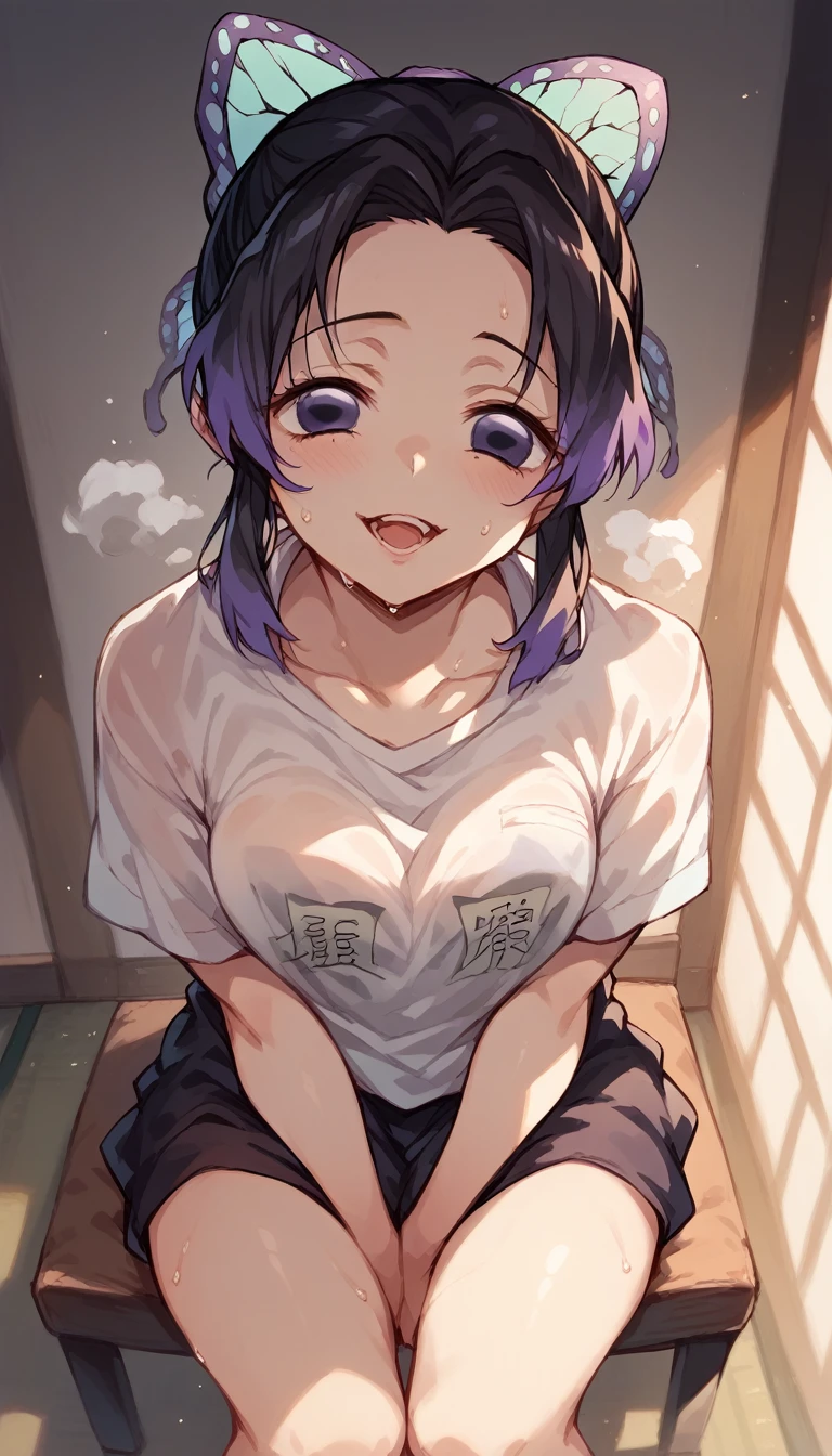 nsfw,Sweat,White Breath,Demon slayer,Shinobu Kocho,,sit,room,View from above,Joyful expression,Sheer T-shirt