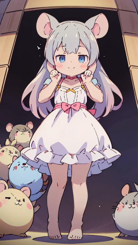 ((masterpiece))((Highest quality))Mouse Ears、girl、smile、blush、Flat Chest、Are thin、、low length、Gray Hair、blush、Are standing、Whole body image、Even your toes are visible、Eye level on face、front、No background、Mouse pose、真frontのアングル、