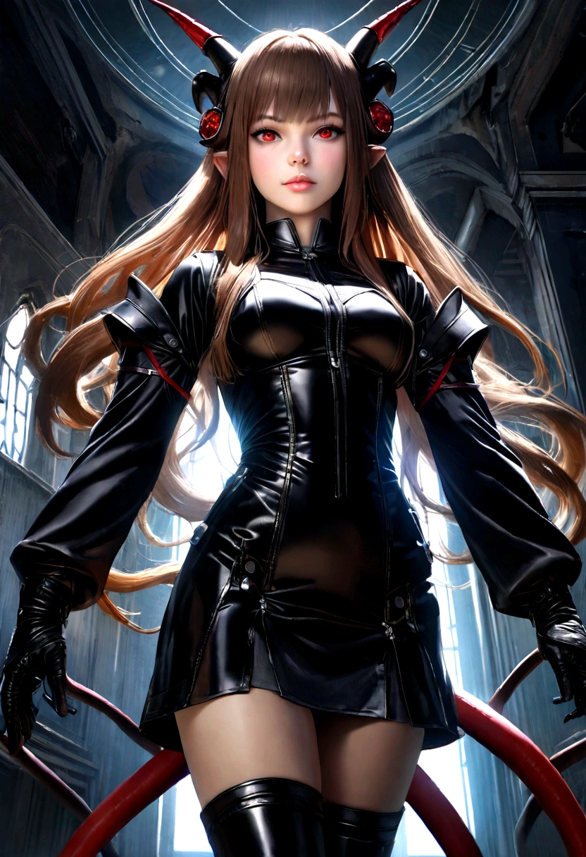 (hyper extreme detailed),(peace teacher),(hyper extreme),(photorealistic),CG,(color:1.2), beautiful lighting,Light from the front,classification:safe,Alone, Aaron,four horns,Brown_Hair,two tails,long_Hair,Red eyes,Hair_ornament,zettai_Ryoiki,airtight_Boots,short_dress,broad_sleeves,Black pants,
