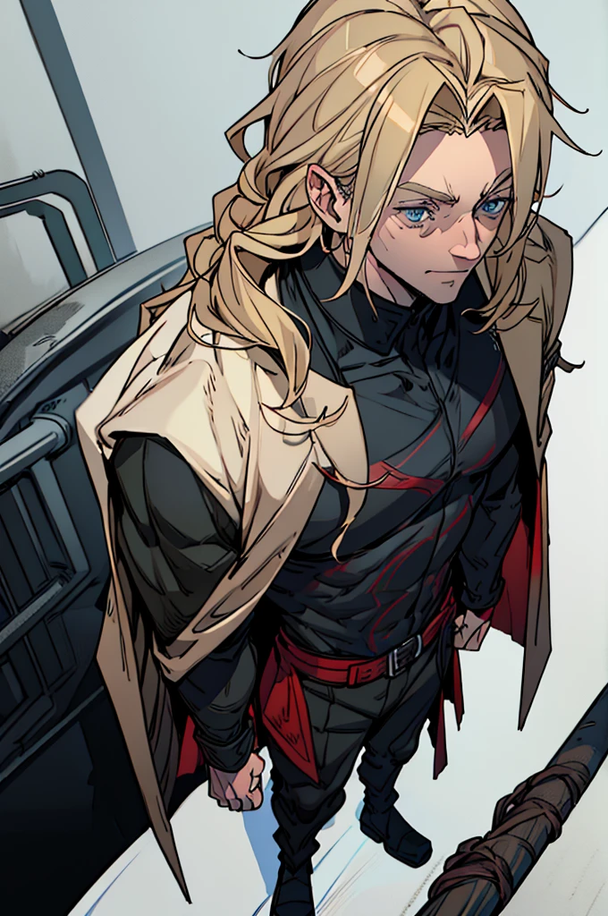 A tall man, defined body, medium blond hair combed back, blue eyes, wearing an all-black outfit, except for some red outlines and details, with a cape on the back, with the inside being red and the outside being black, homelander, homelander's clothes, full body shot, whole body, detail in background