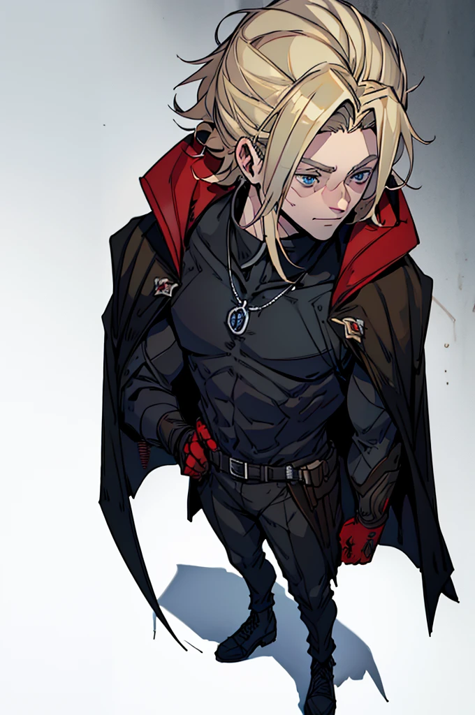 A tall man, defined body, medium blond hair combed back, blue eyes, wearing an all-black outfit, except for some red outlines and details, with a cape on the back, with the inside being red and the outside being black, homelander, homelander's clothes, full body shot, whole body, detail in background