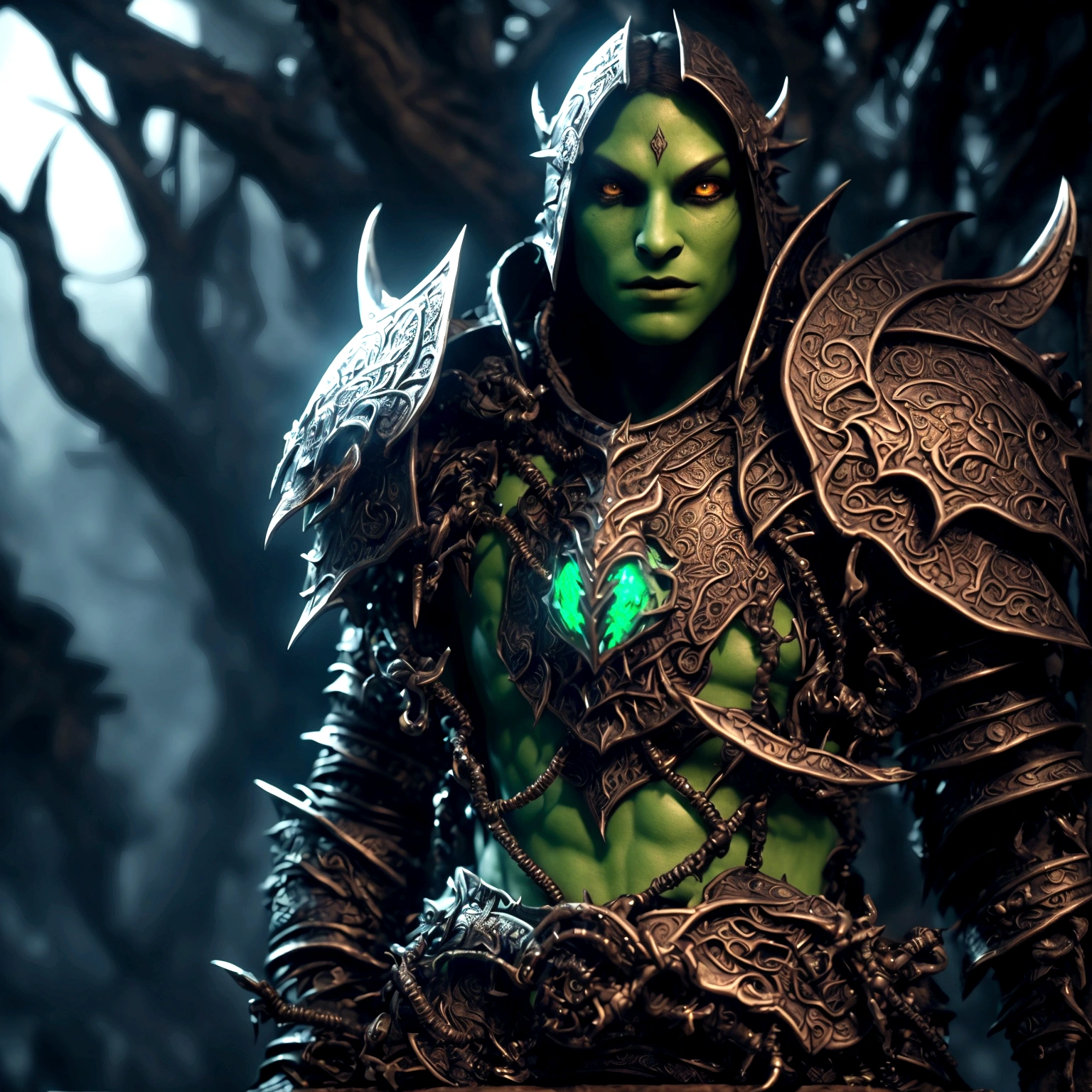 Humanoid black dragon, wingless, green eye, warrior chainmail, sword on waist, shield on back, acid scenery, "Design inspired by the fantasy world of World of Warcraft, with dramatic and stunning lighting, packed with creative details. Ultra-fine 3D design, presenting magical and intricate scenery, incredible scenery. Boasting clarity of Animation resolution, HD graphics, high-quality rendering, high-octane rendering"