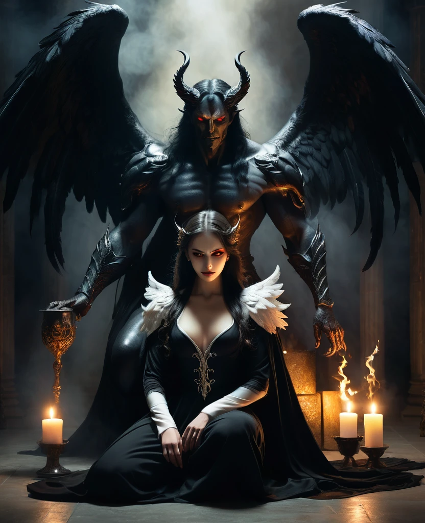 Photo of a couple. Demon man and angel woman. A dark room illuminated only by the dim light of a candle. An imposing looking demon, with black wings and burning eyes, Hold firmly a fallen angel with white wings and a serene face, in a pose of submission. The angel is kneeling, looking up with devotion, while the demon looks at him with a mixture of power and desire. The atmosphere is gothic and full of dark symbolism