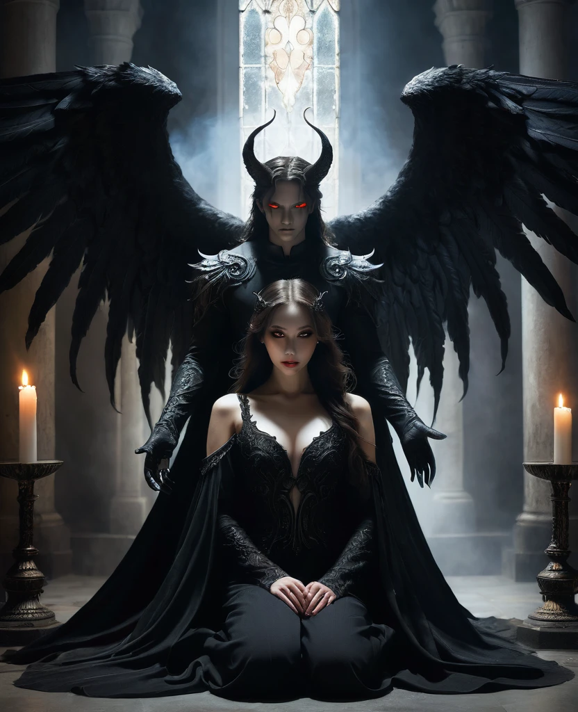 Photo of a couple. Demon man and angel woman. A dark room illuminated only by the dim light of a candle. An imposing looking demon, with black wings and burning eyes, Hold firmly a fallen angel with white wings and a serene face, in a pose of submission. The angel is kneeling, looking up with devotion, while the demon looks at him with a mixture of power and desire. The atmosphere is gothic and full of dark symbolism