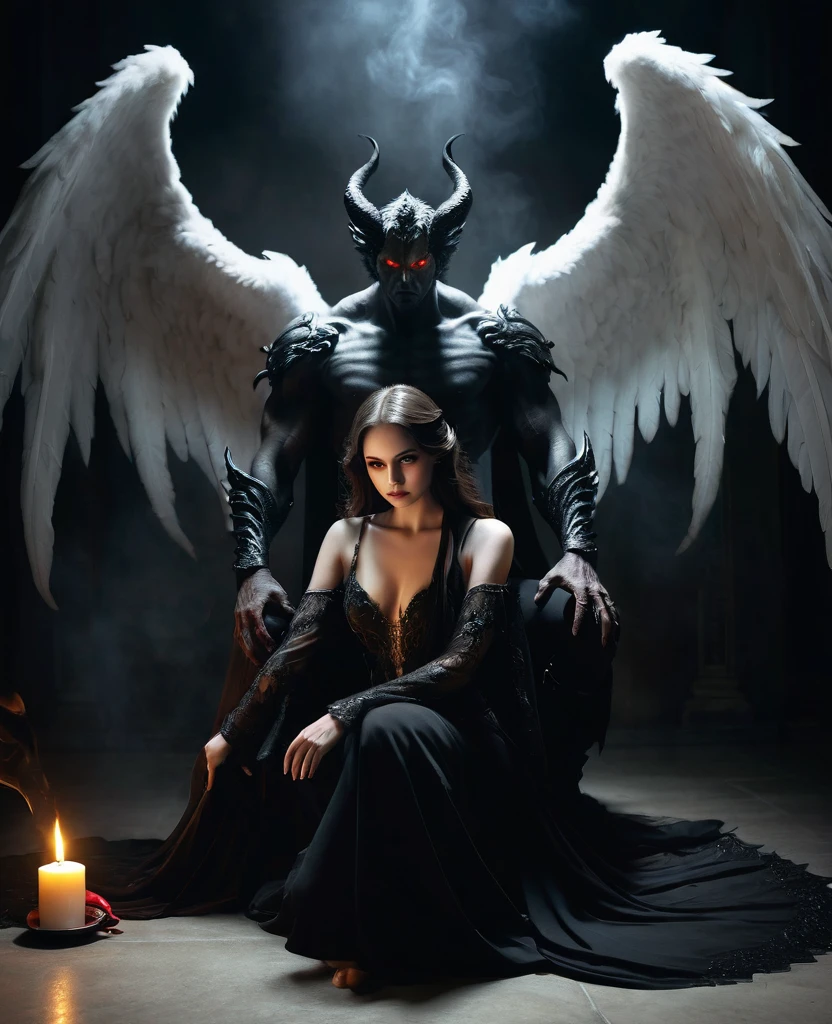 Photo of a couple. Demon man and angel woman. A dark room illuminated only by the dim light of a candle. An imposing looking demon, with black wings and burning eyes, Hold firmly a fallen angel with white wings and a serene face, in a pose of submission. The angel is kneeling, looking up with devotion, while the demon looks at him with a mixture of power and desire. The atmosphere is gothic and full of dark symbolism