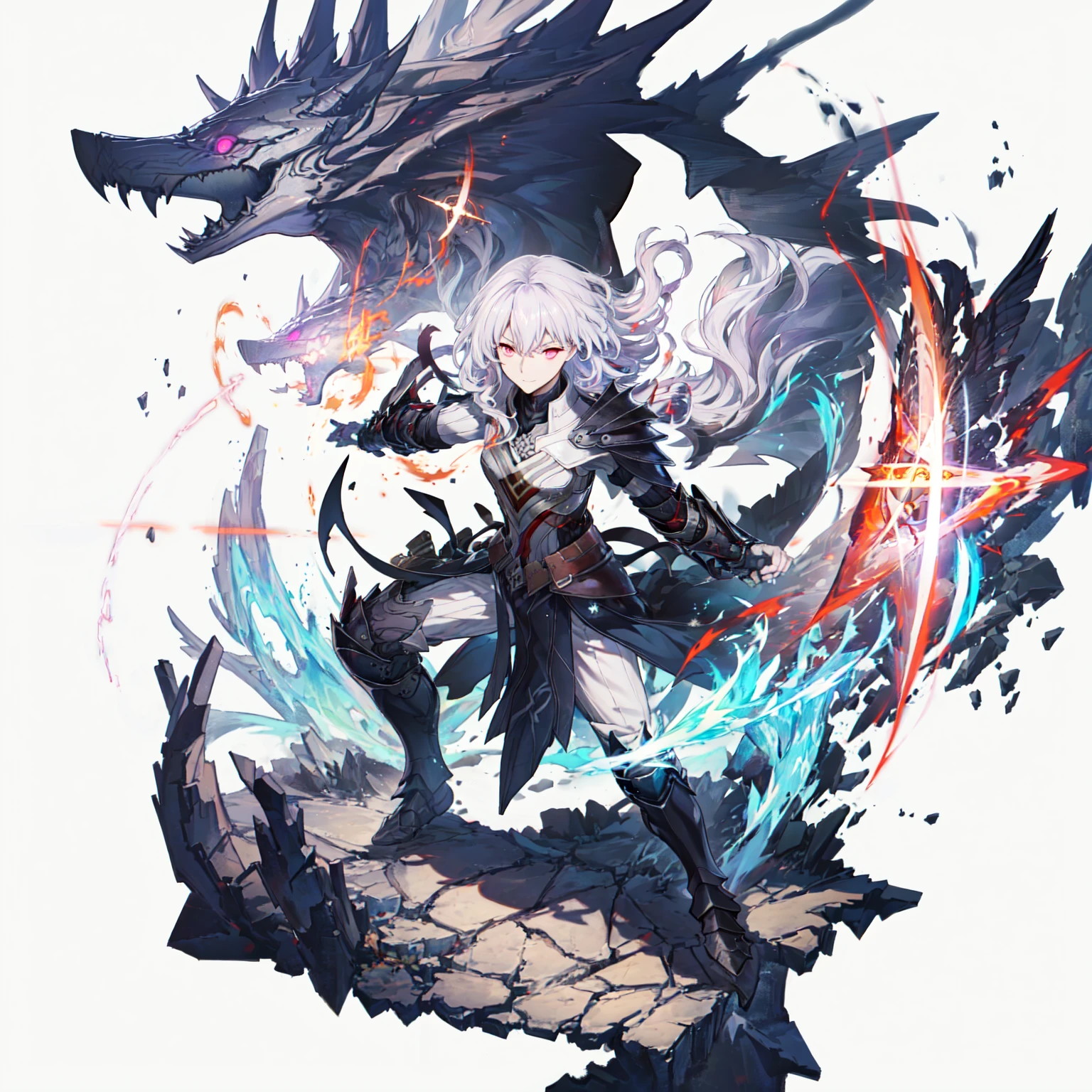 [(white background:1.5), ::2]1girl, solo,(isometric:0.75), best quality, (extremely detailed CG unity 8k wallpaper), (best quality), (best illustration), (best shadow), absurdres, realistic lighting, (Abyss), beautiful detailed glow, anime, dark sakura, pink eyes, white hair, herrscher, Herrscher of the Void, black armour, Honkai impact, combat, smirk, serious expression, (aura, energy, battle stance:1.2), dynamic pose, daedric, skyrim, (mythical armor, magic, runic armor, runes:1.22), clear face,