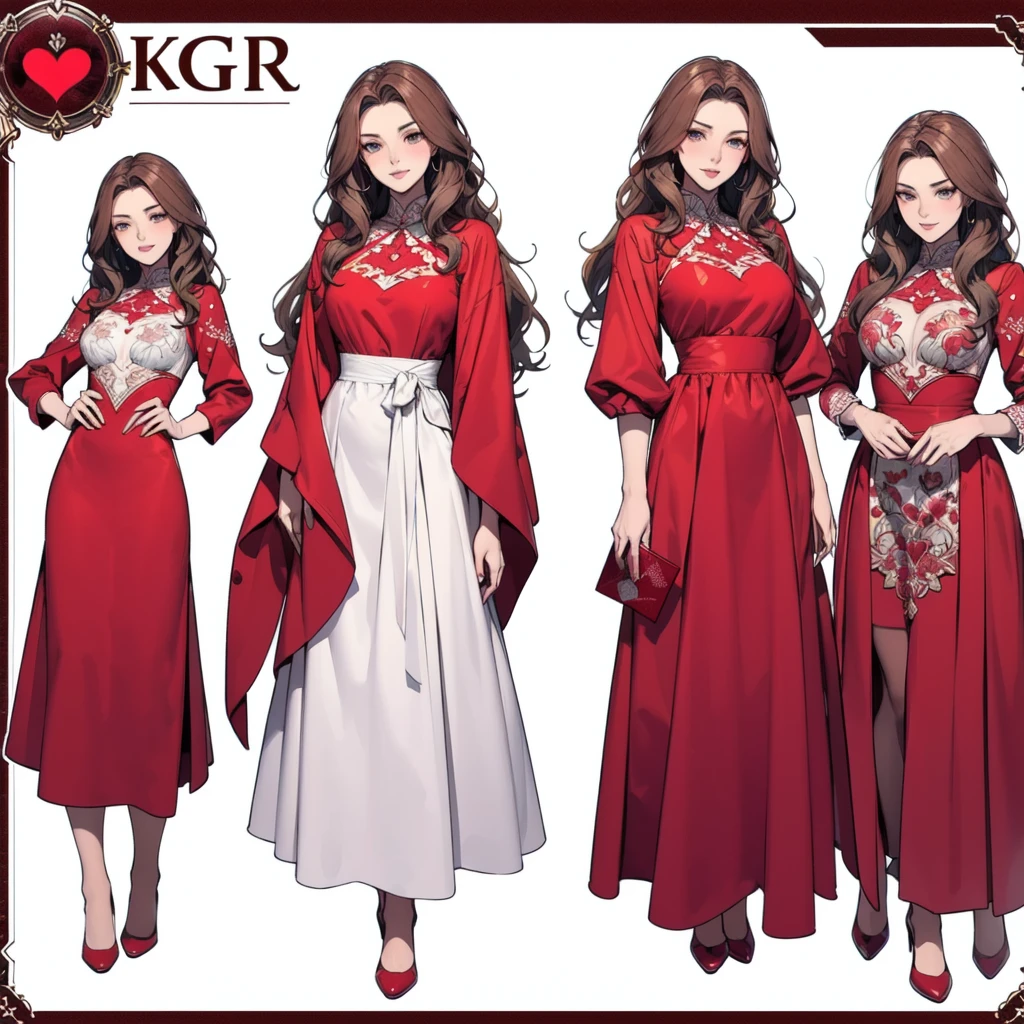 A model sheet of a young woman inspired by the Queen of Hearts. 8 k quality. She has long, wavy brown hair.. She wears clothes inspired by the Queen of Hearts. A long dress in shades of red with lots of details in the clothes and card suits. Very detailed and beautiful young adult appearance.