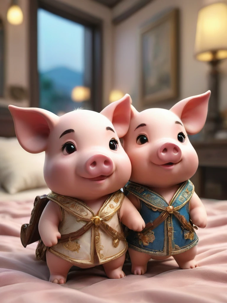 With the sunset in the background,(masterpiece:1.2, high quality), Several little pigs sleeping together in bed、