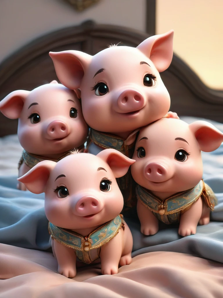With the sunset in the background,(masterpiece:1.2, high quality), Several little pigs sleeping together in bed、