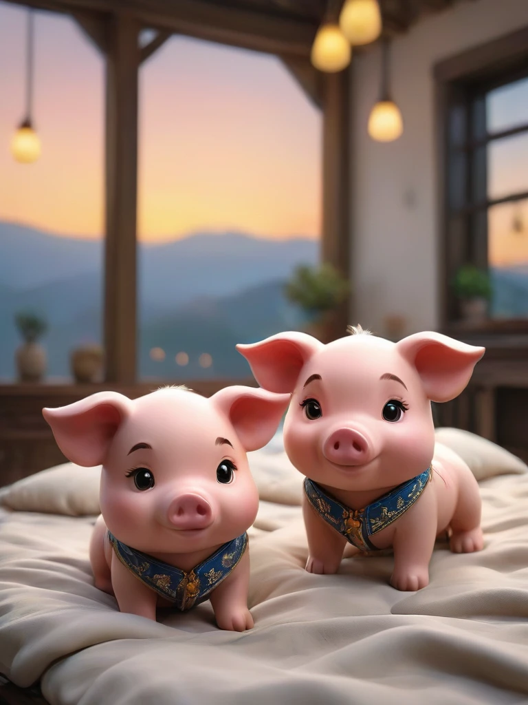 With the sunset in the background,(masterpiece:1.2, high quality), Several little pigs sleeping together in bed、