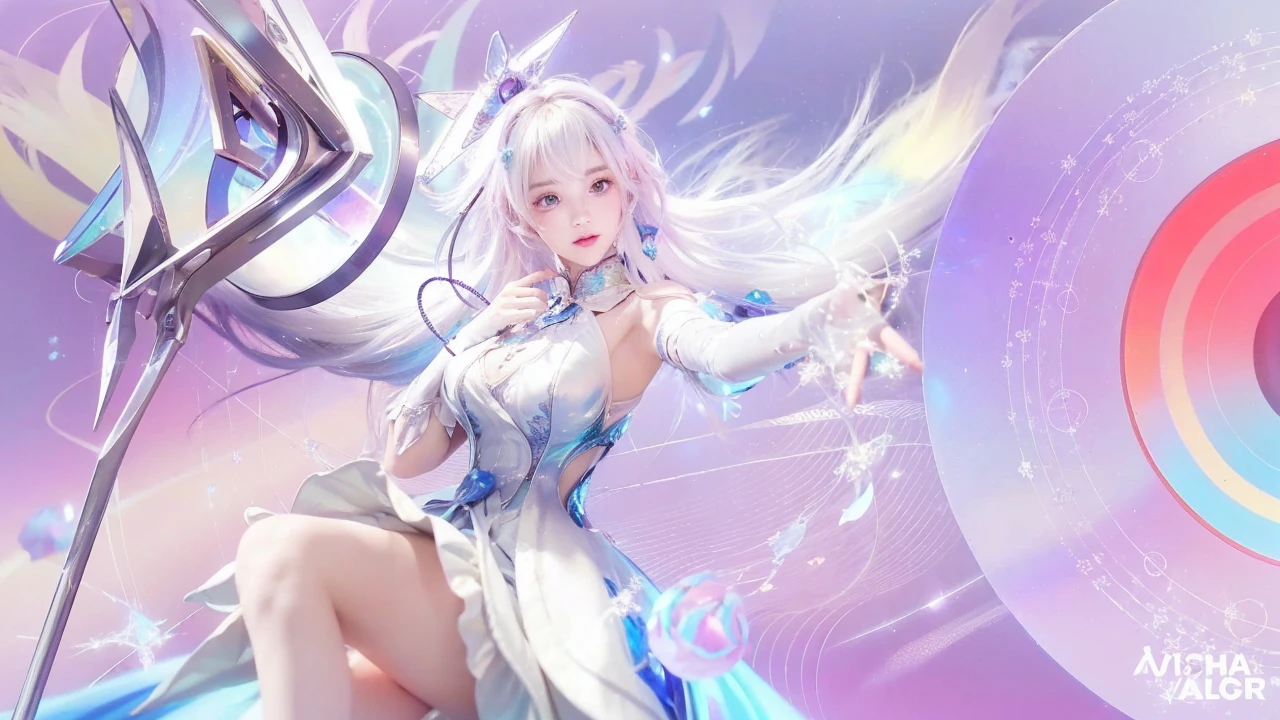 a girl with pastel pink hologram long hair,beautiful detailed eyes,beautiful detailed lips,extremely detailed face,longeyelashes,wearing a white dress,carrying a magic wand,(best quality,4k,8k,highres,masterpiece:1.2),ultra-detailed,(realistic,photorealistic,photo-realistic:1.37),cinematic lighting,intricate details,ethereal,radiant,glowing,dreamlike,fantasy,magical