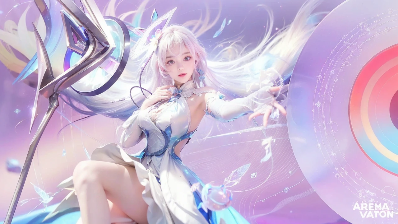 a girl with pastel pink hologram long hair,beautiful detailed eyes,beautiful detailed lips,extremely detailed face,longeyelashes,wearing a white dress,carrying a magic wand,(best quality,4k,8k,highres,masterpiece:1.2),ultra-detailed,(realistic,photorealistic,photo-realistic:1.37),cinematic lighting,intricate details,ethereal,radiant,glowing,dreamlike,fantasy,magical