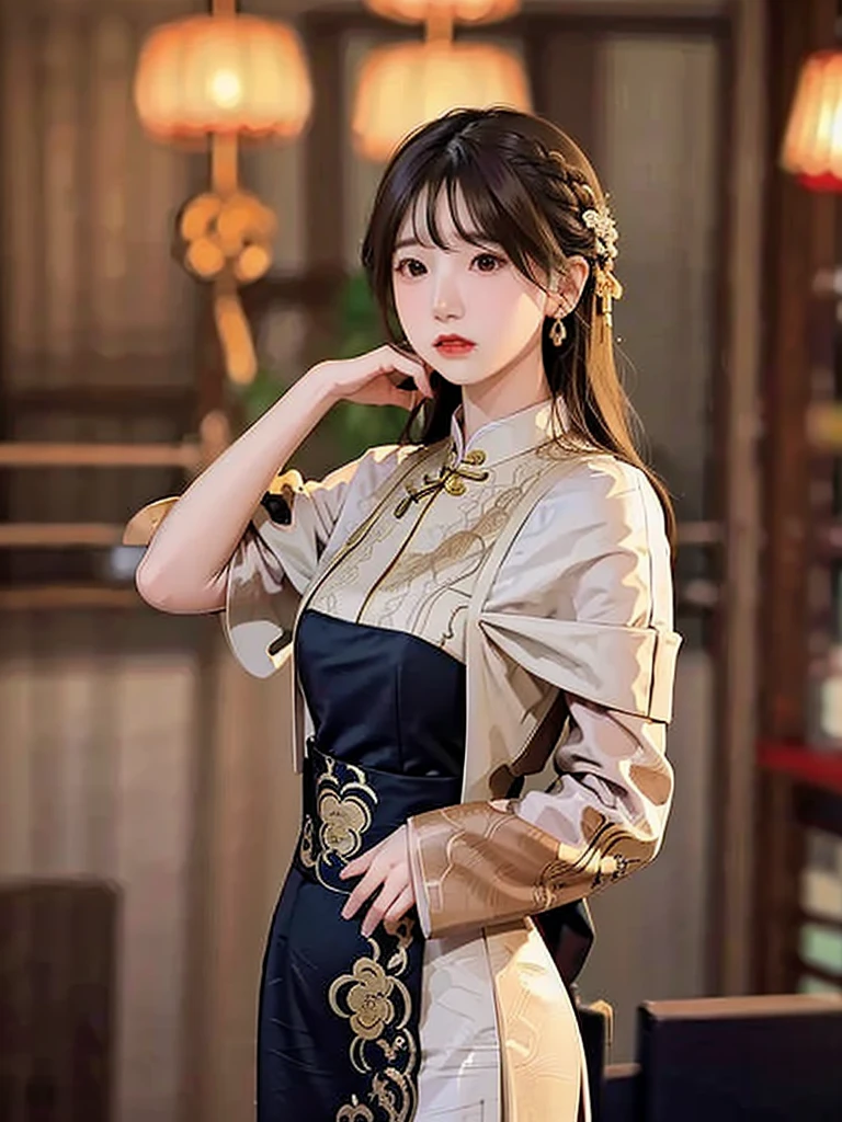 Title: "Elegance in Silk"
Art Style: Hyper-realistic digital painting with elements of classic portraiture. The image showcases intricate details and a rich color palette, emphasizing the beauty and grace of the subject. Techniques include meticulous rendering of textures and soft, dramatic lighting.
Artist's Signature: 'ai Jonas' in the top right corner of the image.
Details to include:
- A woman dressed in a form-fitting, black silk cheongsam with golden embroidery and intricate designs.
- Her pose is confident and alluring, with hands resting behind her head, highlighting her elegant posture.
- The fabric of the cheongsam is depicted with realistic textures, capturing the sheen and flow of the silk.
- Her braided hair is adorned with green jade bangles and gold earrings, adding a touch of traditional elegance.
- Soft, warm lighting that casts gentle shadows, enhancing the contours of her figure and the folds of the dress.
- The background is a softly blurred interior, hinting at a luxurious and culturally rich setting without distracting from the main subject.
- Subtle details in her facial expression and makeup, portraying a sense of poise and sophistication.
- The overall composition should evoke a sense of timeless beauty, cultural richness, and refined elegance.