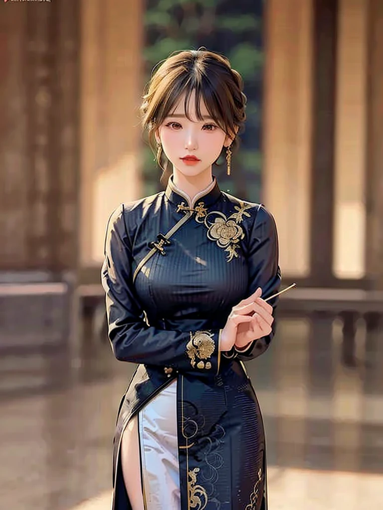Title: "Elegance in Silk"
Art Style: Hyper-realistic digital painting with elements of classic portraiture. The image showcases intricate details and a rich color palette, emphasizing the beauty and grace of the subject. Techniques include meticulous rendering of textures and soft, dramatic lighting.
Artist's Signature: 'ai Jonas' in the top right corner of the image.
Details to include:
- A woman dressed in a form-fitting, black silk cheongsam with golden embroidery and intricate designs.
- Her pose is confident and alluring, with hands resting behind her head, highlighting her elegant posture.
- The fabric of the cheongsam is depicted with realistic textures, capturing the sheen and flow of the silk.
- Her braided hair is adorned with green jade bangles and gold earrings, adding a touch of traditional elegance.
- Soft, warm lighting that casts gentle shadows, enhancing the contours of her figure and the folds of the dress.
- The background is a softly blurred interior, hinting at a luxurious and culturally rich setting without distracting from the main subject.
- Subtle details in her facial expression and makeup, portraying a sense of poise and sophistication.
- The overall composition should evoke a sense of timeless beauty, cultural richness, and refined elegance.