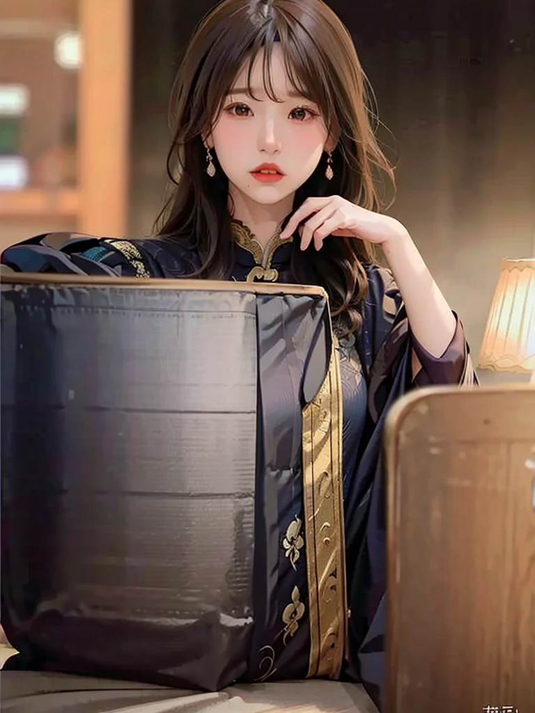 Title: "Elegance in Silk"
Art Style: Hyper-realistic digital painting with elements of classic portraiture. The image showcases intricate details and a rich color palette, emphasizing the beauty and grace of the subject. Techniques include meticulous rendering of textures and soft, dramatic lighting.
Artist's Signature: 'ai Jonas' in the top right corner of the image.
Details to include:
- A woman dressed in a form-fitting, black silk cheongsam with golden embroidery and intricate designs.
- Her pose is confident and alluring, with hands resting behind her head, highlighting her elegant posture.
- The fabric of the cheongsam is depicted with realistic textures, capturing the sheen and flow of the silk.
- Her braided hair is adorned with green jade bangles and gold earrings, adding a touch of traditional elegance.
- Soft, warm lighting that casts gentle shadows, enhancing the contours of her figure and the folds of the dress.
- The background is a softly blurred interior, hinting at a luxurious and culturally rich setting without distracting from the main subject.
- Subtle details in her facial expression and makeup, portraying a sense of poise and sophistication.
- The overall composition should evoke a sense of timeless beauty, cultural richness, and refined elegance.