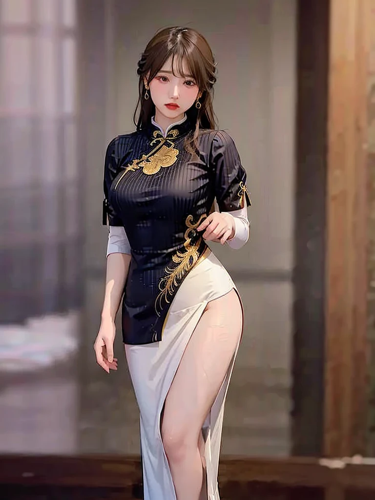 Title: "Elegance in Silk"
Art Style: Hyper-realistic digital painting with elements of classic portraiture. The image showcases intricate details and a rich color palette, emphasizing the beauty and grace of the subject. Techniques include meticulous rendering of textures and soft, dramatic lighting.
Artist's Signature: 'ai Jonas' in the top right corner of the image.
Details to include:
- A woman dressed in a form-fitting, black silk cheongsam with golden embroidery and intricate designs.
- Her pose is confident and alluring, with hands resting behind her head, highlighting her elegant posture.
- The fabric of the cheongsam is depicted with realistic textures, capturing the sheen and flow of the silk.
- Her braided hair is adorned with green jade bangles and gold earrings, adding a touch of traditional elegance.
- Soft, warm lighting that casts gentle shadows, enhancing the contours of her figure and the folds of the dress.
- The background is a softly blurred interior, hinting at a luxurious and culturally rich setting without distracting from the main subject.
- Subtle details in her facial expression and makeup, portraying a sense of poise and sophistication.
- The overall composition should evoke a sense of timeless beauty, cultural richness, and refined elegance.
