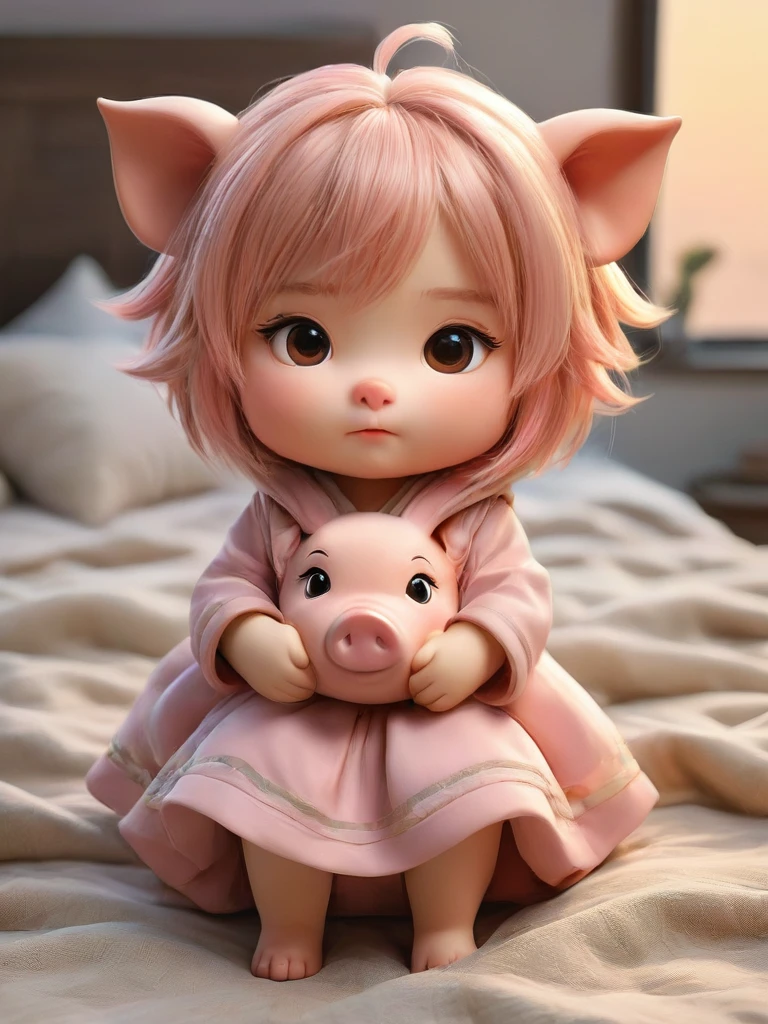 With the sunset in the background,(masterpiece:1.2, high quality), Several little pigs sleeping together in bed、