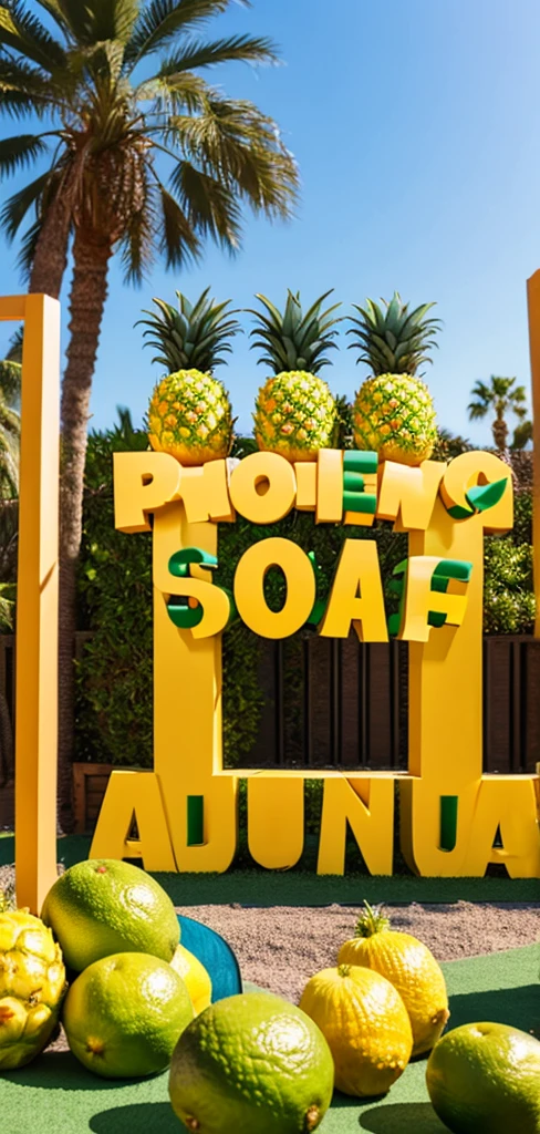 3d logo banner says,Loma Bonita Oax. Decorated with pineapples and limes