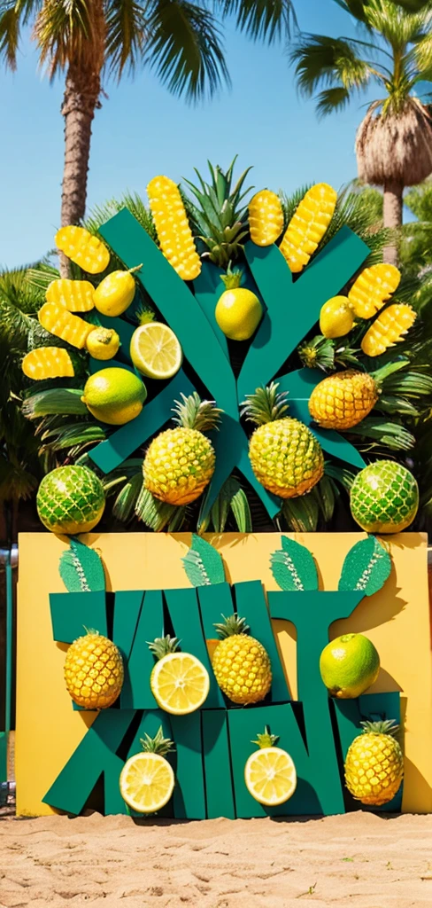 3d logo banner says,Loma Bonita Oax. Decorated with pineapples and limes 