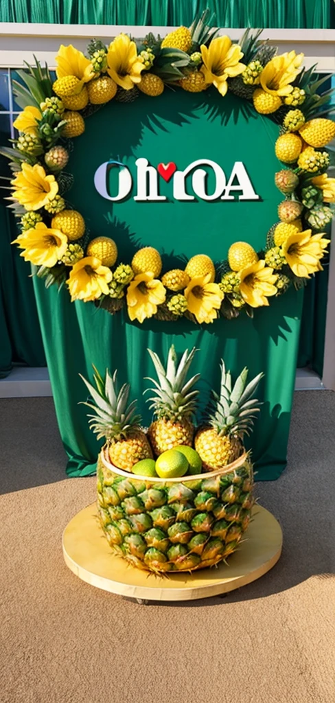 3d logo banner says,Loma Bonita Oax. Decorated with pineapples and limes