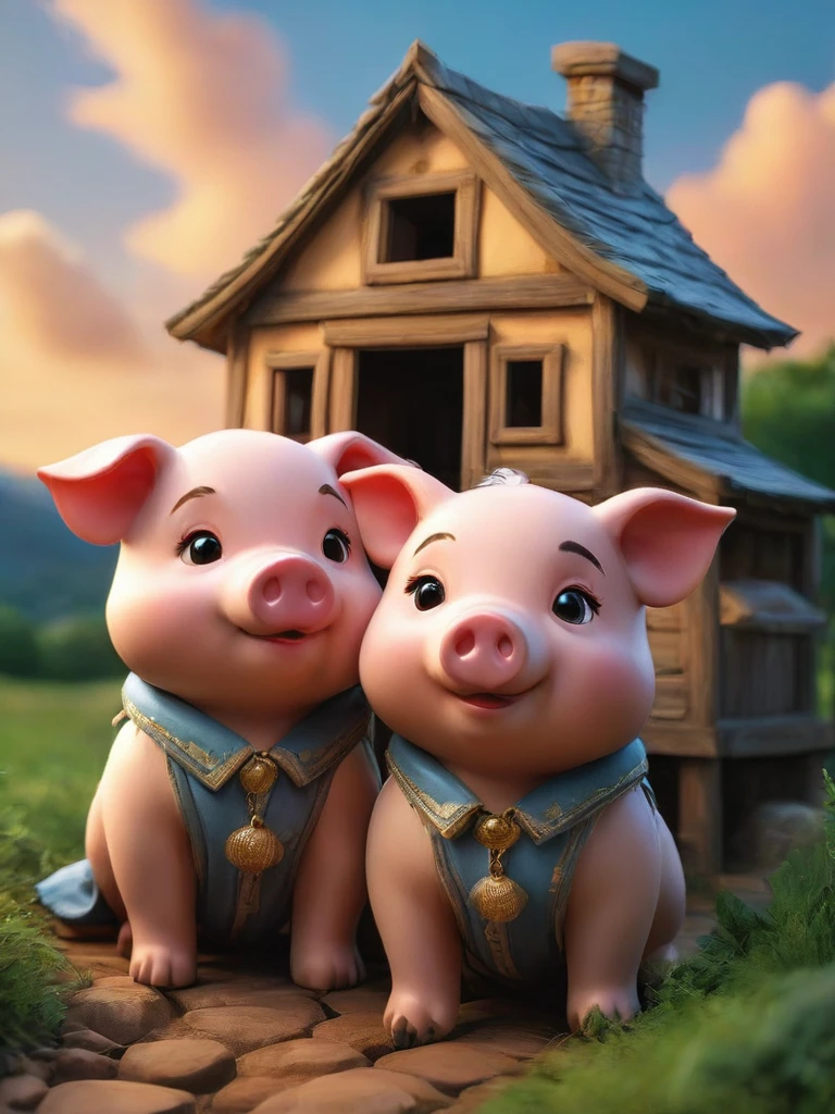 With the sunset in the background,(masterpiece:1.2, high quality), Several little pigs sleeping together in bed、