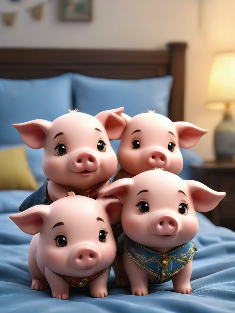 With the sunset in the background,(masterpiece:1.2, high quality), Several little pigs sleeping together in bed、