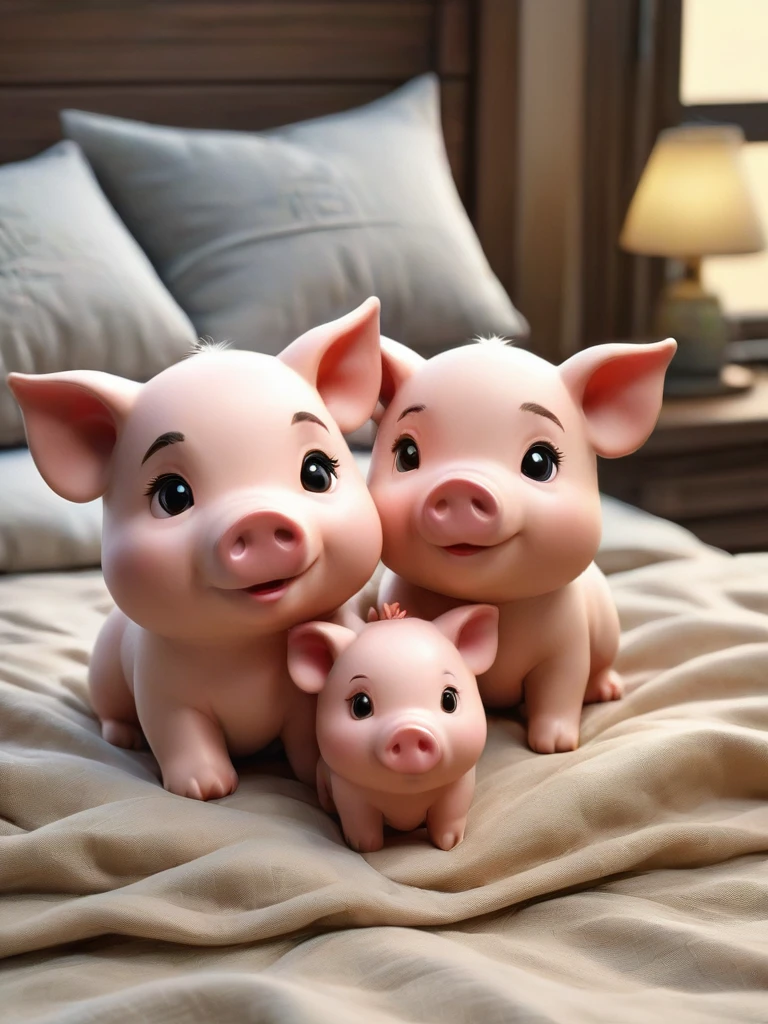 With the sunset in the background,(masterpiece:1.2, high quality), Several little pigs sleeping together in bed、