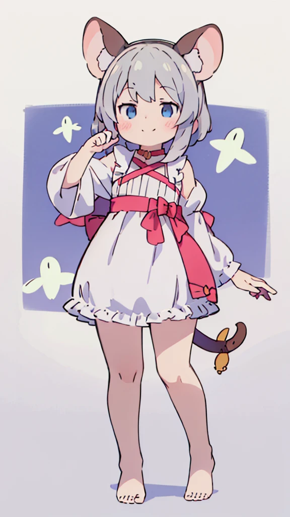 ((masterpiece))((Highest quality))Mouse Ears、girl、smile、blush、Flat Chest、Are thin、、low length、Gray Hair、blush、Are standing、Whole body image、Even your toes are visible、Eye level on face、front、No background、Mouse pose、真frontのアングル、