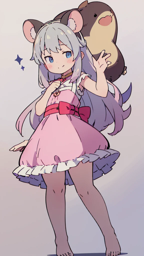 ((masterpiece))((Highest quality))Mouse Ears、girl、smile、blush、Flat Chest、Are thin、、low length、Gray Hair、blush、Are standing、Whole body image、Even your toes are visible、Eye level on face、front、No background、Mouse pose、真frontのアングル、