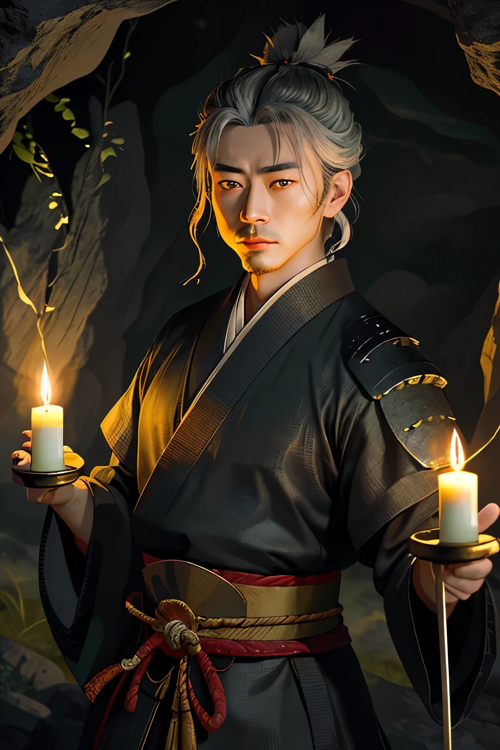 Musashi, the renowned samurai, is depicted in this masterpiece, immersed in meditation within a dark and enigmatic cave. The walls of the cave are adorned with intricate shadow patterns, casting an air of mystery around the scene. The only source of light in the cave is a circle of candles, their flickering flames illuminating Musashi's face with an ethereal glow. The candles' soft glow dances across the samurai's serene features, highlighting every crease and wrinkle with a photorealistic precision that makes his presence feel palpable.

The image is characterized by a stunning level of detail, with every blade of grass