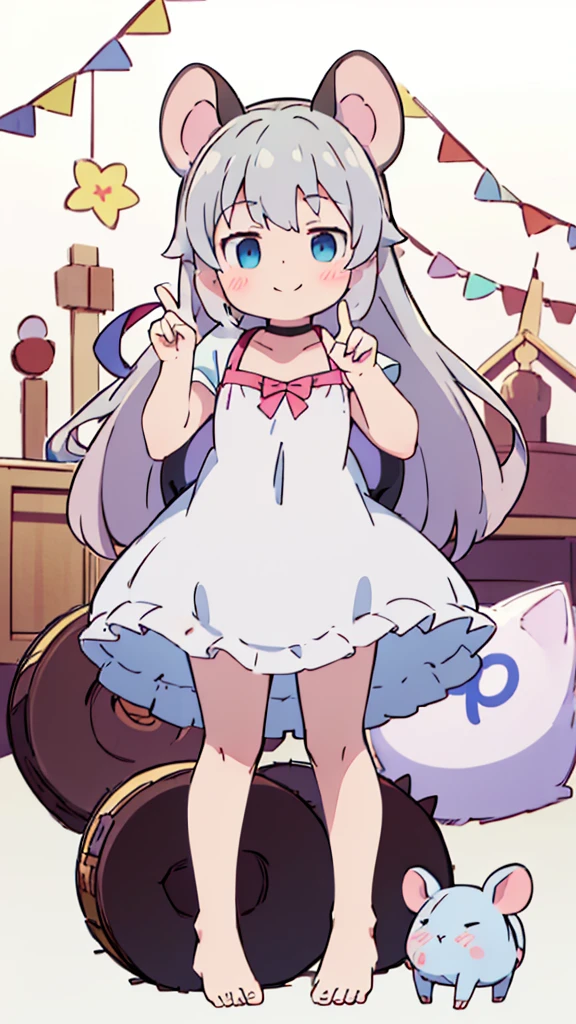 ((masterpiece))((Highest quality))Mouse Ears、girl、smile、blush、Flat Chest、Are thin、、low length、Gray Hair、blush、Are standing、Whole body image、Even your toes are visible、Eye level on face、front、No background、Mouse pose、真frontのアングル、