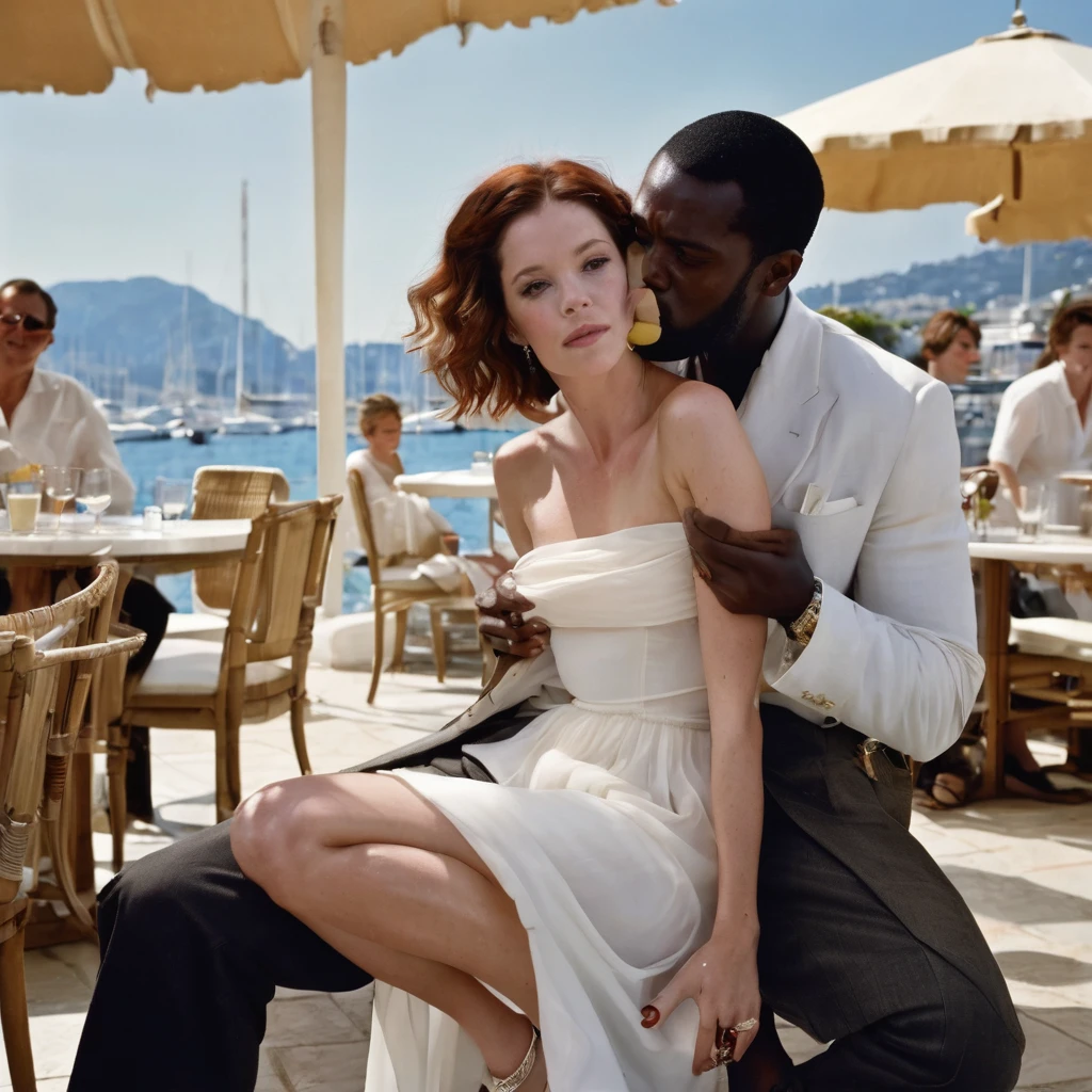 English 22 y.o. Actress Anna Friel, with freckles, bare neck, bare shoulders, white chiffon attire, sitting at an outdoors bistro, in Cannes, leaning down to fix her ankles straps with tilted neck, strong burly dark-skinned African man on her side, she sits on his knees, he kisses her on the lips, she hugs him