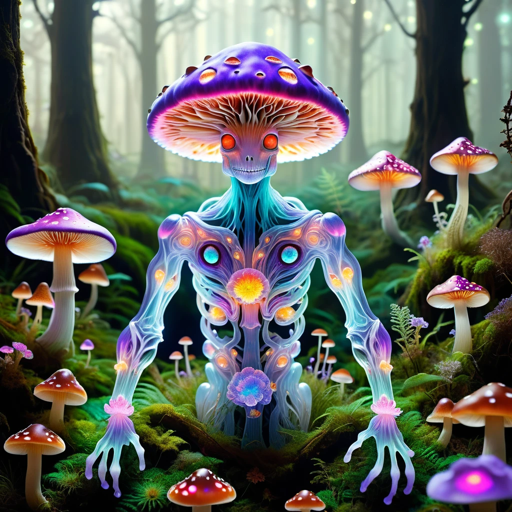 fungus Physical Appearance:
• Age: Newly awakened, equivalent to a young adult
• Height: Variable, typically around 4' (122 cm) when fully "standing"
• Build: Amorphous, able to reshape their fungal mass at will
• "Skin": Soft, velvety surface with a pale lavender hue
• Eyes: Clusters of bioluminescent spots that serve as sensory organs
• Distinguishing features: A "crown" of delicate, colorful mushrooms atop their head
• Attire: None, but often adorns themselves with flowers or leaves
