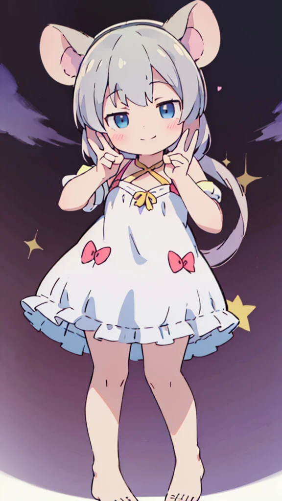 ((masterpiece))((Highest quality))Mouse Ears、girl、smile、blush、Flat Chest、Are thin、、low length、Gray Hair、blush、Are standing、Whole body image、Even your toes are visible、Eye level on face、front、No background、Mouse pose、真frontのアングル、
