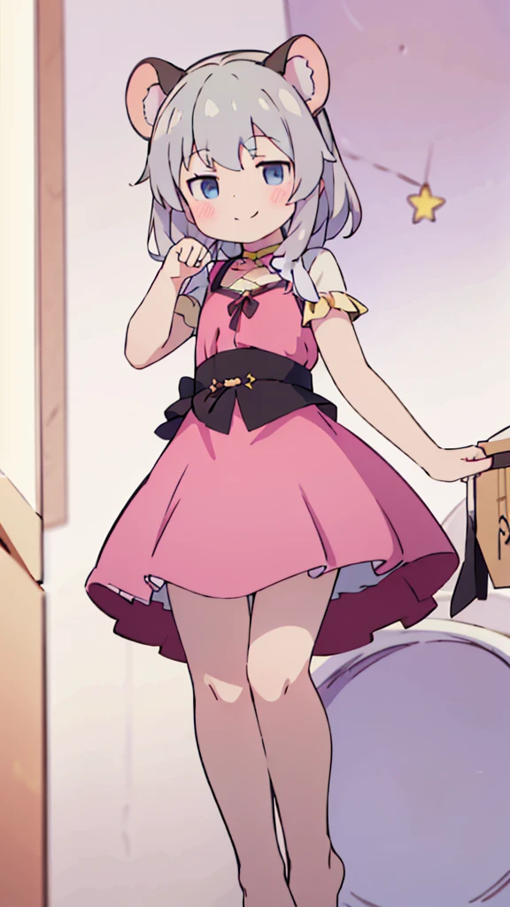 ((masterpiece))((Highest quality))Mouse Ears、girl、smile、blush、Flat Chest、Are thin、、low length、Gray Hair、blush、Are standing、Whole body image、Even your toes are visible、Eye level on face、front、No background、Mouse pose、真frontのアングル、
