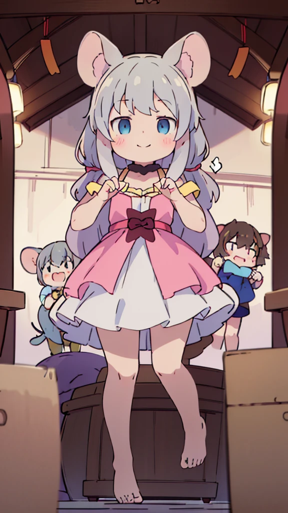 ((masterpiece))((Highest quality))Mouse Ears、girl、smile、blush、Flat Chest、Are thin、、low length、Gray Hair、blush、Are standing、Whole body image、Even your toes are visible、Eye level on face、front、No background、Mouse pose、真frontのアングル、