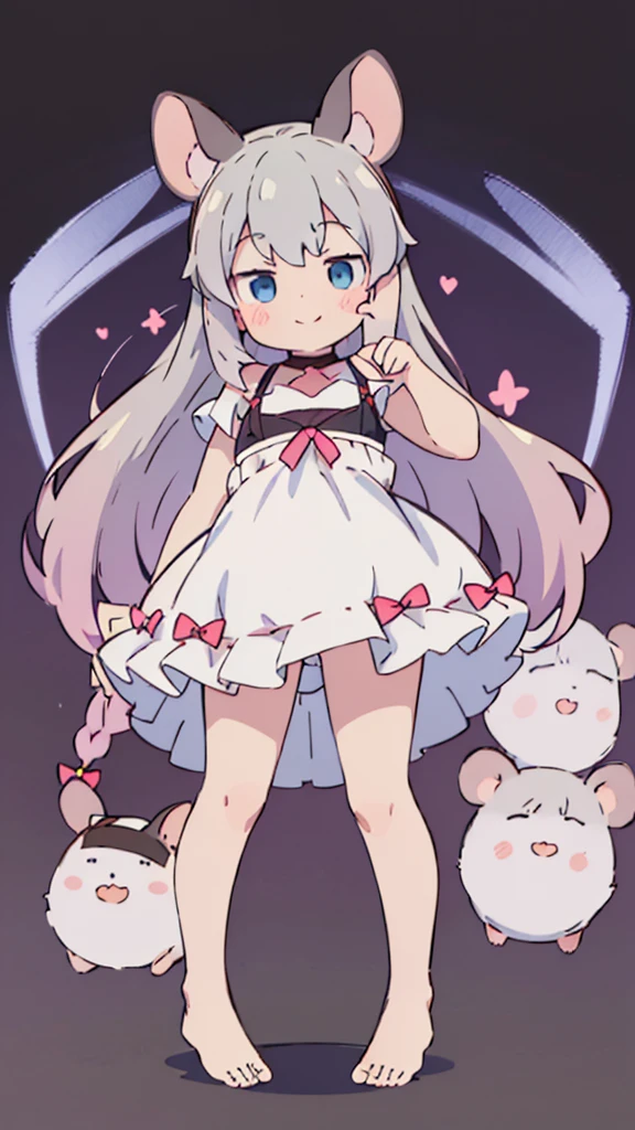 ((masterpiece))((Highest quality))Mouse Ears、girl、smile、blush、Flat Chest、Are thin、、low length、Gray Hair、blush、Are standing、Whole body image、Even your toes are visible、Eye level on face、front、No background、Mouse pose、真frontのアングル、