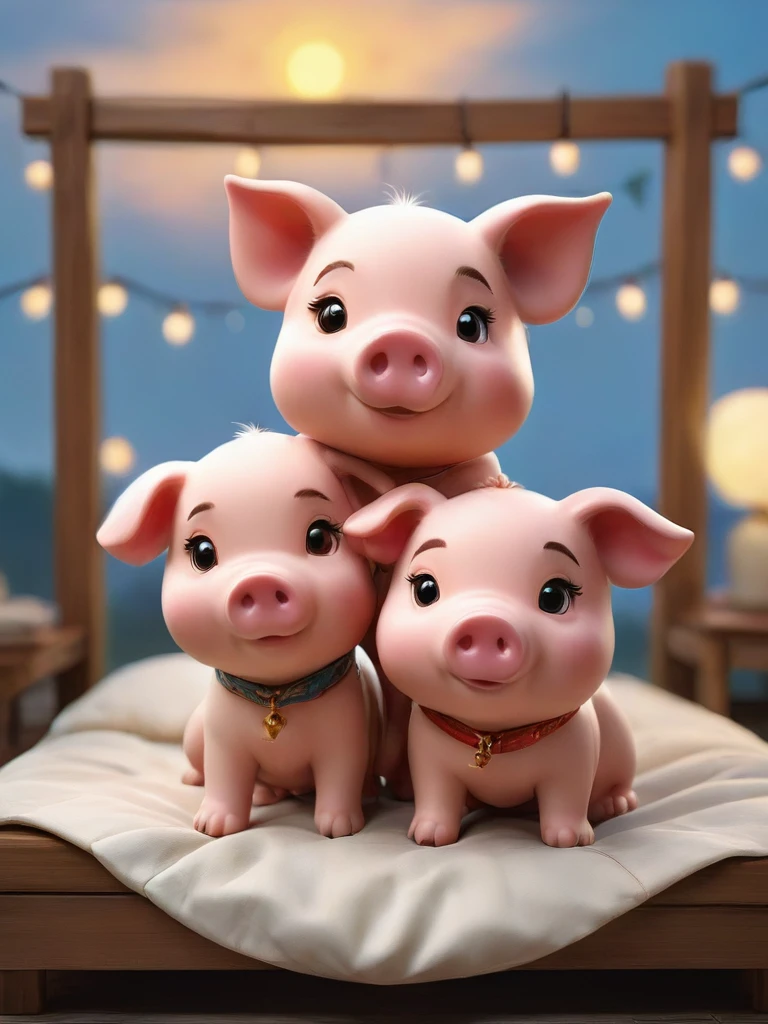 With the sunset in the background,(masterpiece:1.2, high quality), Several little pigs sleeping together in bed、