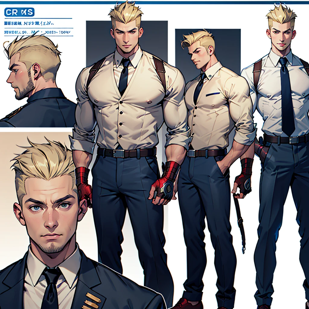 A model sheet of a muscular adult Captain America, Short blonde hair in a pompadour style in a very light tone, shaved neck. He wears a suit-style outfit with light beige colors., navy blue blouse and black tie. Wearing navy blue pants and black shoes. Using detailed gauntlets. In action and movement poses, various face angles, Facial expressions. 8 k quality.