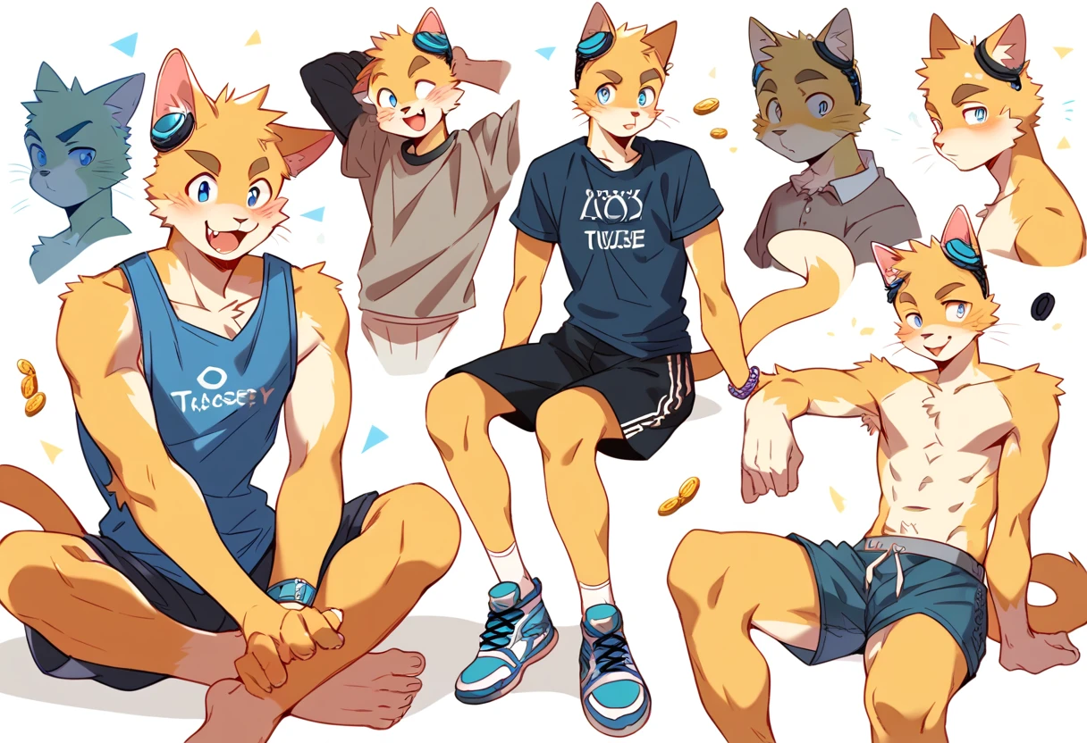 score_9, score_8_up, score_7_up, male, furry, high quality, hires, anthro, teenager, 16 years old, domestic cat, bright yellow fur, blue eyes, wide brown eyebrows, an excited expression, humanoid feet, slim body, prominent v-line, prominent abs, prominent legs, prominent forearm, prominent knees, white background, treasure trail, armpit hair, furry legs, in various sexy poses, headphones, casual clothes, joggers, shorts, showing off, sitting, patting his abdomen