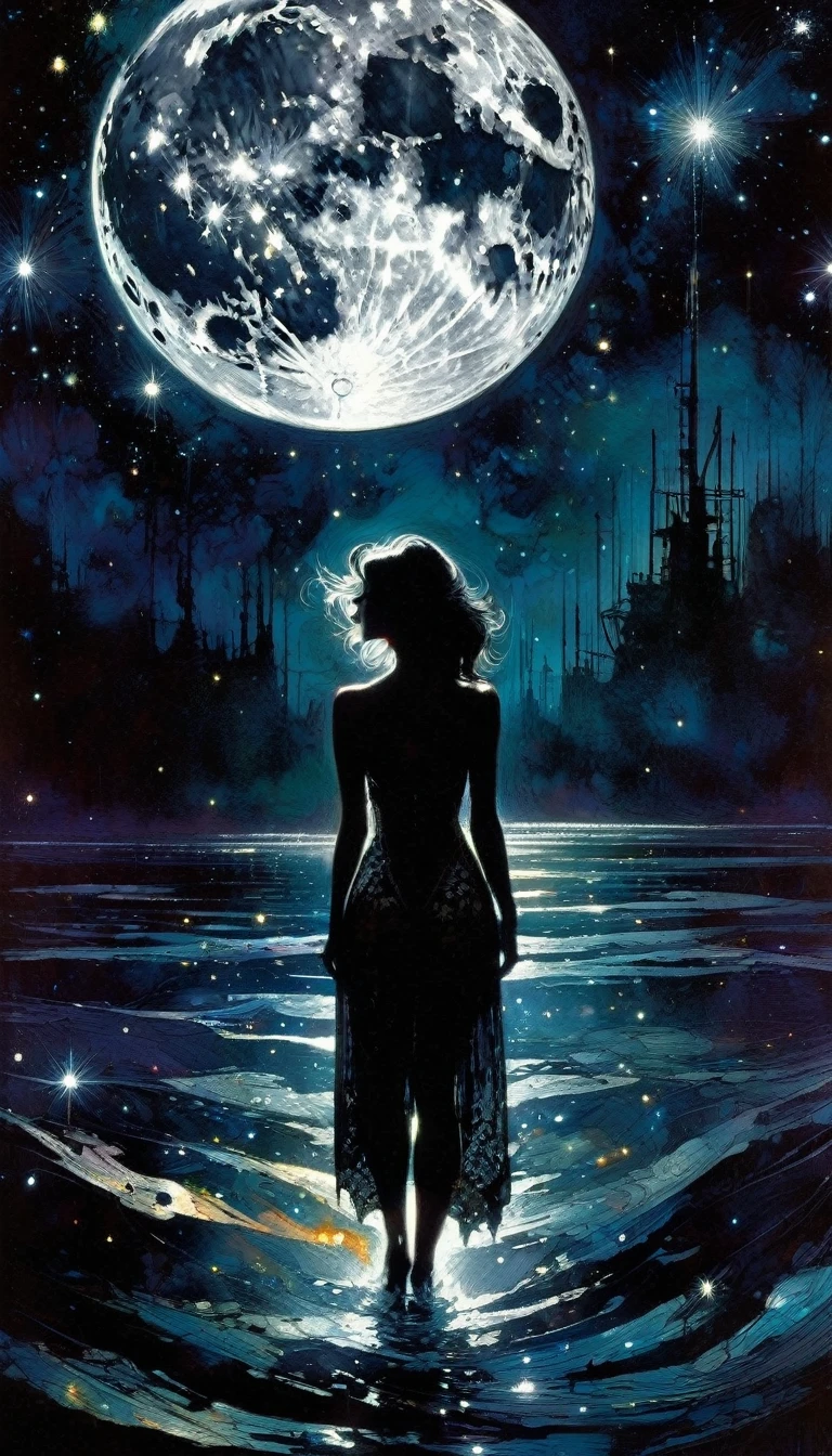 sexy, dark, loneliness, magic, fantastic, night sky, moon, stars, background, (art inspired by Bill Sienkiewicz, intricate details, oil painted )