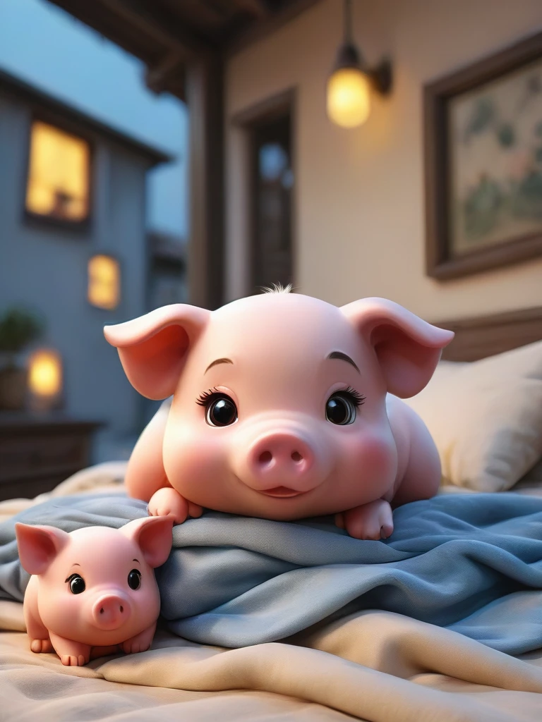 With the sunset in the background,(masterpiece:1.2, high quality), Several little pigs sleeping together in bed、