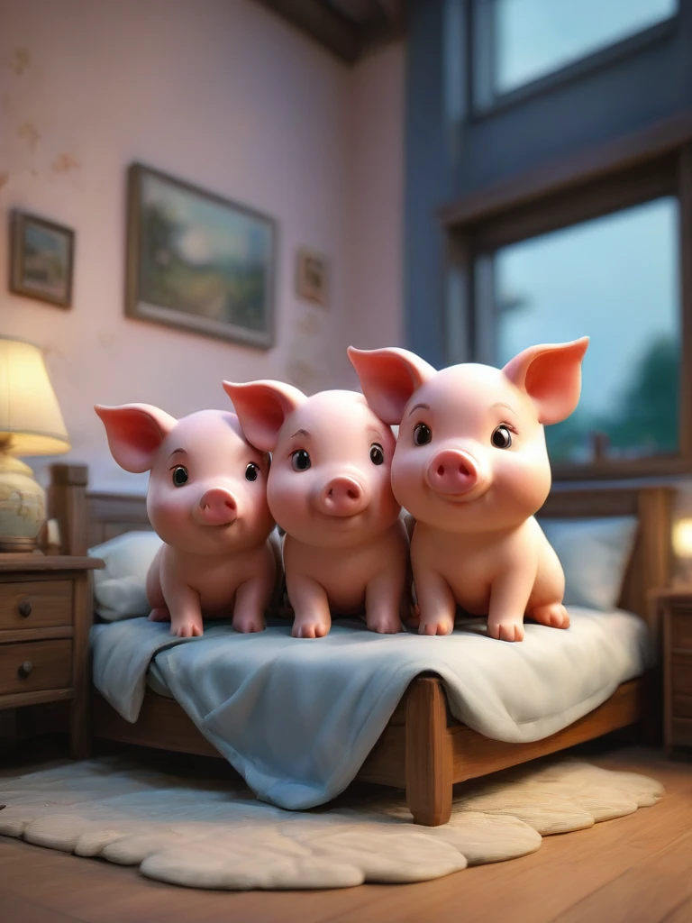 With the sunset in the background,(masterpiece:1.2, high quality), Several little pigs sleeping together in bed、