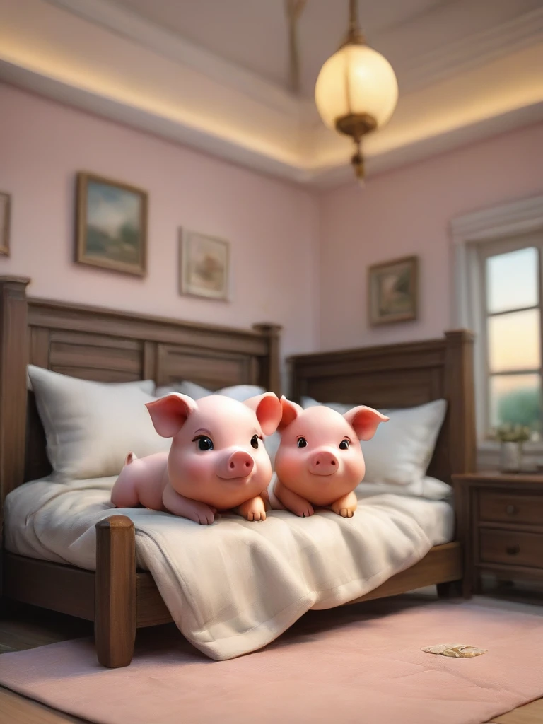 With the sunset in the background,(masterpiece:1.2, high quality), Several little pigs sleeping together in bed、