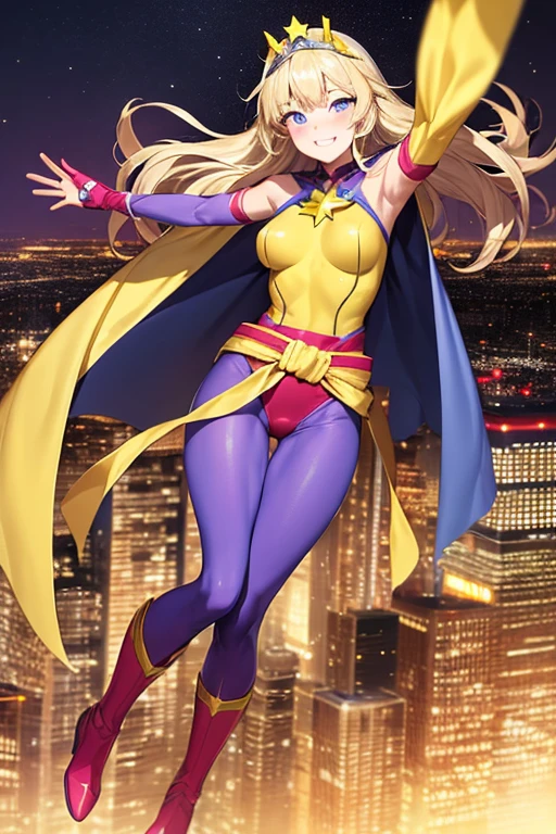 ((best quality)), ((masterpiece)), (detailed), 1 girl, Full body, 19 years old, Smiling face, Blue eyes, Star-shaped tiara, Arms outstretched, Arms behind waist, Eye mask, Blue superhero mask, Blushing, Blonde hair, Straight hair, Long hair, Bangs, 2 star clips on the sides of hair, Full body, Medium breasts, Slim body, Hands with yellow stars, Yellow wristbands, Long yellow gloves, Purple gloves, Superhero costume, Superheroes, Yellow leotard suit, With a big yellow star in the center, Star emblem, Somewhat tight, Long yellow cape on waist, Red belt, Purple legs, Purple pantyhose, Purple boots, Flying, City background, Anime